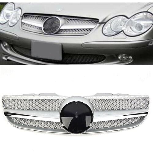 Car Front Grille 1 Fin Stylin Mesh Grill For Mercedes-Benz R230 SL-Class SL500 SL550 SL600 2007 2008 2009 Basic Silver w/ Emblem