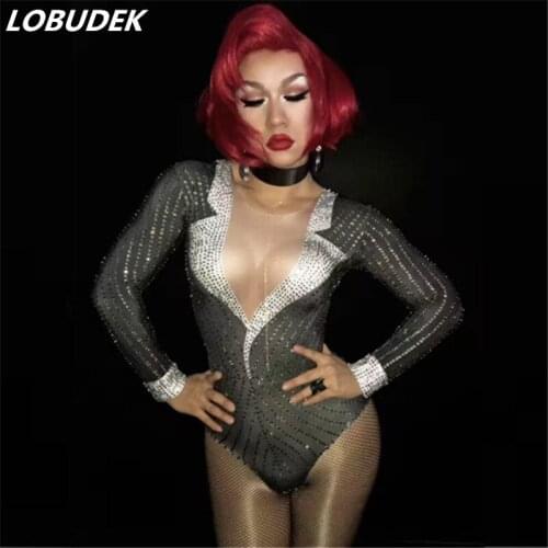 Long Sleeve Full Rhinestones Bodysuit Sexy Costume Black Crystals Skinny Leotard DJ Singer Show Stage Wear Nightclub Clothing