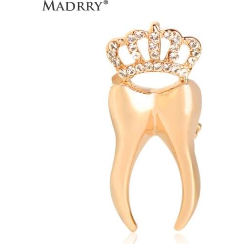 Madrry Crown Teeth Shape Crystal Brooches For Women Men Routine Dress Shirt Shoulder Decoration Gold Color Fashion Alloy Brooch