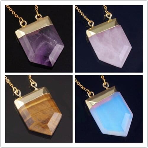 Kraft-beads Light Yellow Gold Color Amethysts Royal Shield Pendant Link Chain Necklace Tiger Eye Stone Jewelry