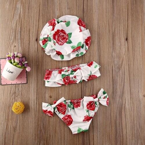 0-24M Baby Girls 3Pcs Bikini Set Floral Ruffled Tube Top + Bowknot Shorts + Sun Hat Swimsuit Summer Bathing Suit Beachwear