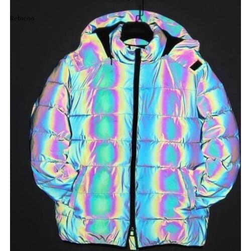 Young Men Winter Jacket for Women/men Reflective Jacket Hip Hop Streetwear Dance Reflect Light Dazzling Hooded Parka Winter Coat