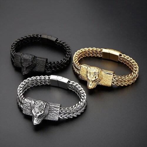 Fashion street shooting accessories, hip hop wolf head double row keel woven chain mens titanium steel bracelet