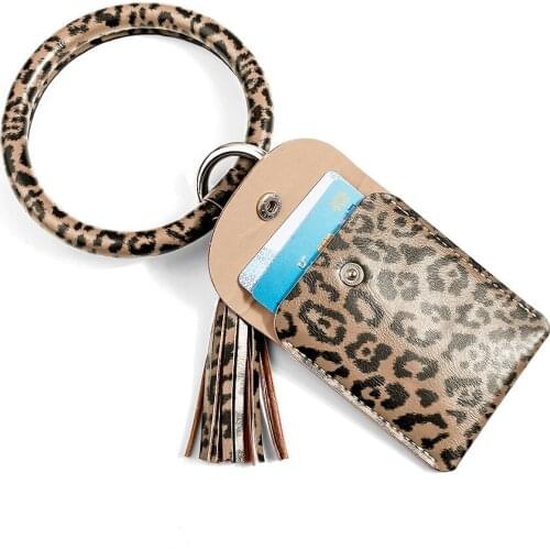 2021 Trendy Fashion Cute Leopard PU Leather Key Chains Ring Bracelet For Women Tassel Accessories Set Charms Bangle Card Holder