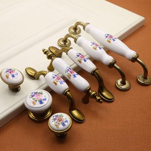 Pastoral ceramic white door handle orchid zinc alloy antique furniture wardrobe door handle handmade