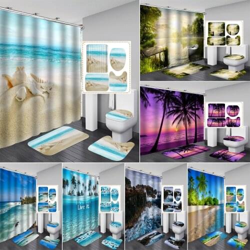 Coastal Beach Waterproof Fabric Shower Curtain Scenery Bathroom Curtains Sea Conch Starfish Shell Rug Toilet Cover Mat Set
