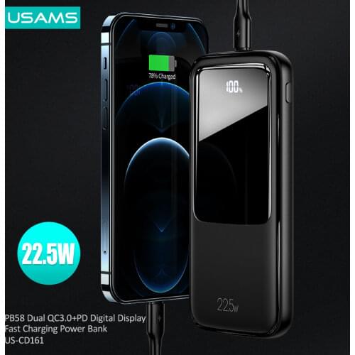 USAMS 10000mAh Digital Display Power Bank For iPhone Huawei Xiaomi Samsung Type C Micro USb Dual Ports Phone External Battery