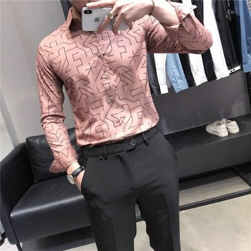 High Quality Men Business Dress Shirts Long Sleeve Slim Fit Social Party Blouse Reduced Geometry Casual Streetwear Clothing 2021