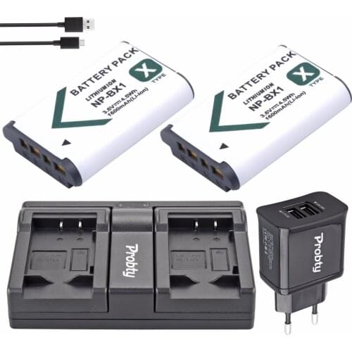 2Pcs PROBTY NP-BX1 NP BX1 Battery + USB Dual Charger + Plug for Sony RX100 IV WX300 H400 HX300,HDR-AS10 AS200VR CX240 PJ275