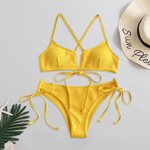 TELOTUNY Womens swimsuits Ladies Sexy Solid High Cut V Neck Two Pieces Bikini Swimwear Push-Up Micro Summer Brazilian Beachwear