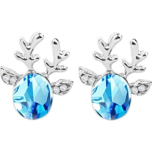 7 Fashion Colors Lovely Deer Shape Big Shiny Rhinestone Crystal Ears Silver Plated Antlers Stud Earrings for Women