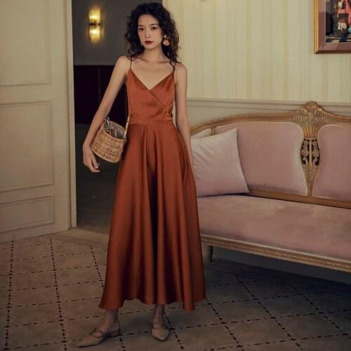 New 2021 Summer Women Sexy Strapless Backless Sundress Caramel Strap Beach Holiday Satin Solid Color Vintage Dress Spring