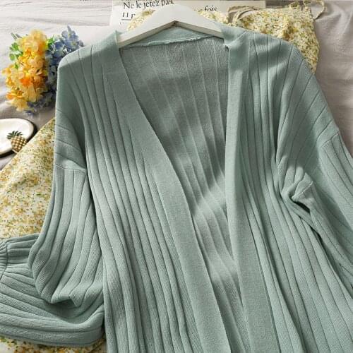 Hot Autumn Women Long Silk Knitted Cardigan Casual Solid Stripe Sweater Cardigans Coat Female V Neck Sun Protection Shirt Jacket