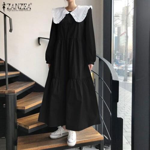 ZANZEA Women Spring Long Sleeve Maxi Dress 2021 Elegant Solid Patchwork Long Vestidos Vintage Ruffles Party Sundress