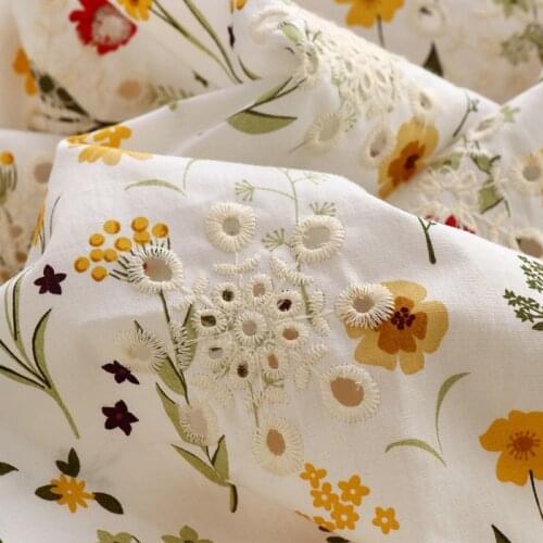 125cm wide 0.5meter/lot White Printed Flower and Hollow out Embroidery Cotton Fabric DIY for Table Cover/ Curtain / Clothes X259