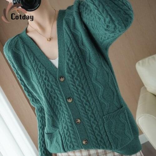 Cotday Loose Plus Size V-neck 2021 Fashion Cashmere Sweater Womens Cardigan Twist Knit Outer Wool Autumn Winter Sweaters