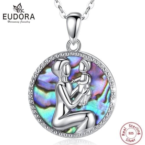 Eudora Real 925 Sterling Silver Mother And Baby Necklace Pendant Abalone Shell FIna Fashion Jewelry for Happy Mothers Day Gift