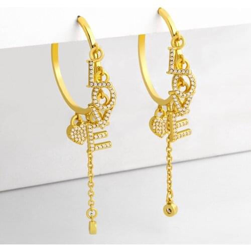 EYIKA Gorgeous Gold Color LOVE Letter Heart Hoop Earrings for Women Cubic Zirconia Round Long Tassel Circle Aretes Jewelry Gifts