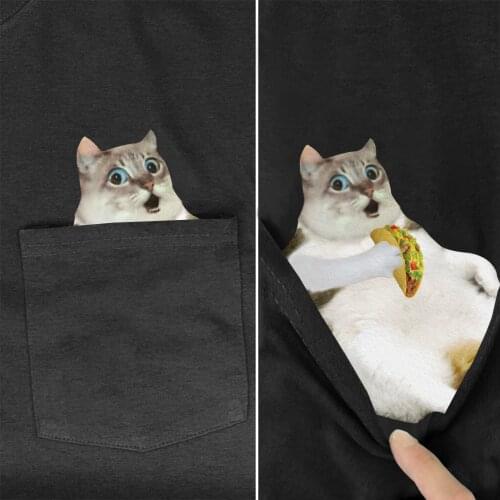 CLOOCL Pocket T-Shirt Summer Funny Cat Taco Printed T-shirt Men for Women Shirts Tops Cartoons Cotton Black Tees
