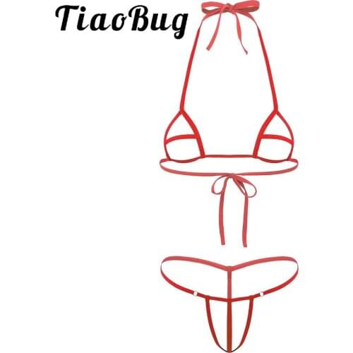 TiaoBug Women Hot Sexy Lingerie Set Erotic Underwear Adult Mini Bikini Halter Tie-on Open Cups Bra with G-String Panties Costume