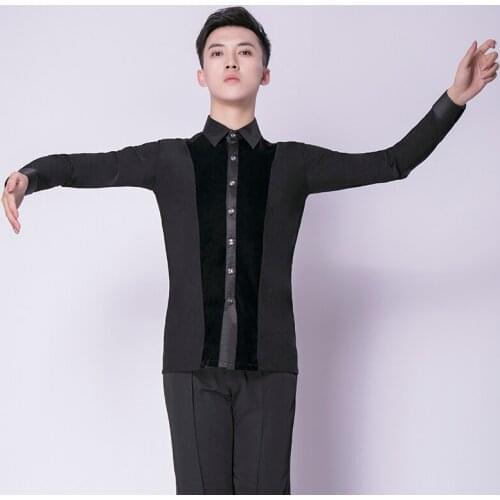 H2616 Men Latin Dance Shirt Black Practice Costumes Male Adult Samba Tango Professional Competition Fashion Long Sleeve Top