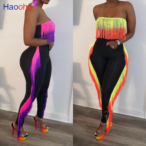 HAOOHU Sexy Gradient Tassel Two Piece Set Women Clothes Off Shoulder Crop Top Pants 2 Pcs Birthday Club Outfits Matching Sets