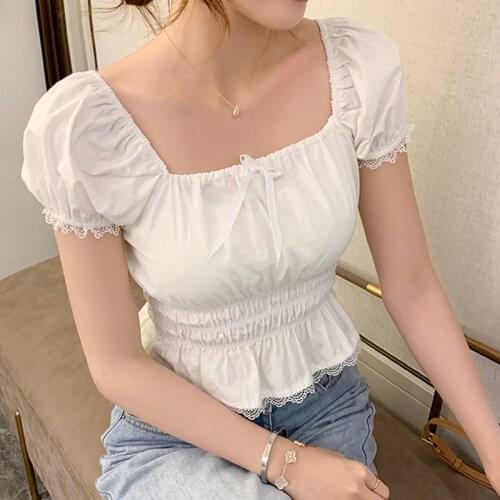 Summer Women Casual White T-shirts Puff Sleeve Short Tops Square Collar Slim Female High Waist Short Lace Tees
