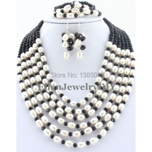 Fashionable 6 Rows Freshwater Pearl Jewelry Set Pearl Necklace Wedding Gift Crystal Necklace Wedding Gift Bridesmaid Necklace