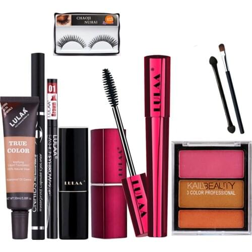 9PCS Daily Use Cosmetics Makeup Kit Concealer Eyeshadow Mascara Fake Eyelashes Eyebrow Eyeliner 2 Lipstick With Makeup Bag
