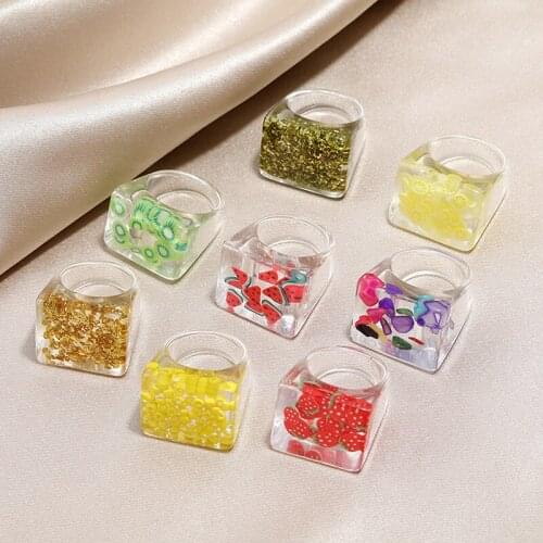 New Transparent Resin Acrylic Geometric Square Round Chunky Rings For Women Colorful Fruit Flowers Ring Jewelry Party Gifts