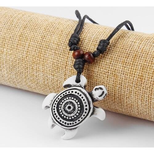 Wholesales 6pcs Faux Brown Yak Bone White Carved Tortoise/Turtles Charms Pendant Necklace Resin Jewelry Black Wax Cotton Cord