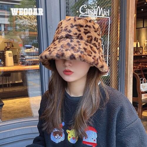 WEOOAR Leopard Bucket Hat Women 2021 Cow Print Mens Panama Winter Warm Plush Fisherman Hat Black Cap Female Girl/boys MZ032