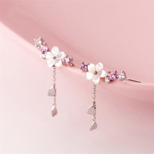 925 Sterling Silver Tassel Long Cherry Blossoms Piercing Stud Earring For Women Girls Jewelry Pendientes Accessories eh1182