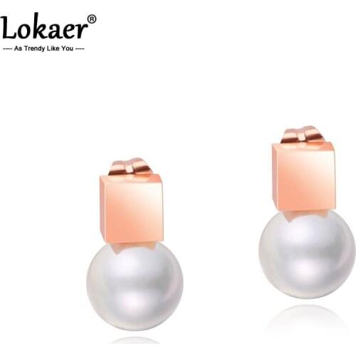 Lokaer Simple Square Geometric Stud Earring Female Titanium Steel Rose Gold Color Simulated Pearl Earrings Jewelry Aretes E17074