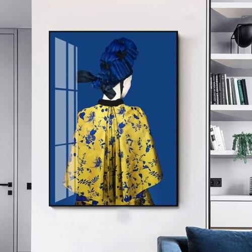 Traditional Chinese Beautiful Ancient yellow Costumes blue pattern Cotton Painting Abstract Posters Wall Pictures For Home Decor