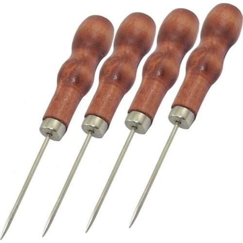 WSFS Hot 4 Pcs x Red Nonslip Wooden Handle Leather Canvas Sewing Awl Tool 4.9"