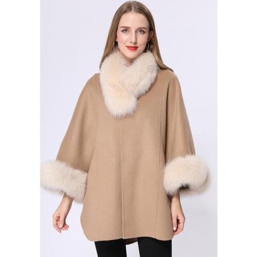 Women Cashmere Cloak Fox Fur Collar Long Wool Coat Elegant Women Shawl Oversize Female Cape Winter Outwear