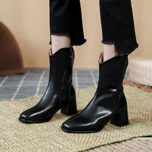 New Fashion Autumn Women Knee High Boots Mid-Calf Heel Cowboy Boots Women Pointed Toe Shoes Female Winter Zipper Boots Plus Size