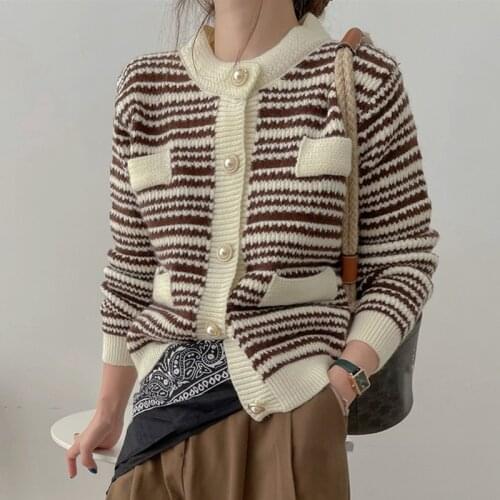 Women Long Sleeve Casual Sweaters New Arrival 2021 Autumn Winter Korean Style Vintage Striped Female Knitted Cardigans W530