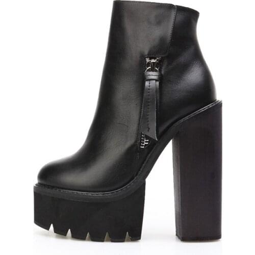 Roman Style Women Black Cow Leather Martin Boots Antiskid Sole Platform Super High Heel Side Double Zip Ankle Boots
