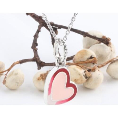 Bewill Valentines Day S925 Sterling Silver Pink Heart-shaped Pendant Pink Love Pendant Simple Necklace Charms Beads