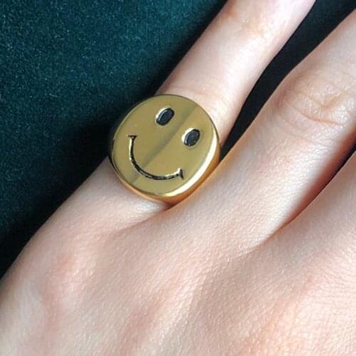 Smile happy face ring gold signet ring for women girls stainless steel chunky bold funny pinky creative unusual jewelry 2021