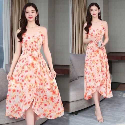 Summer Pink Ruffled Dress Women V-neck Printed Sleeveless Elastic Waist Strap Dresses Mujer Chiffon Printed Strap Vestidos Z982