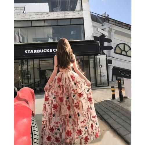 Work New designer heavy embroidery Vintage Red suspender holiday open back dress female
