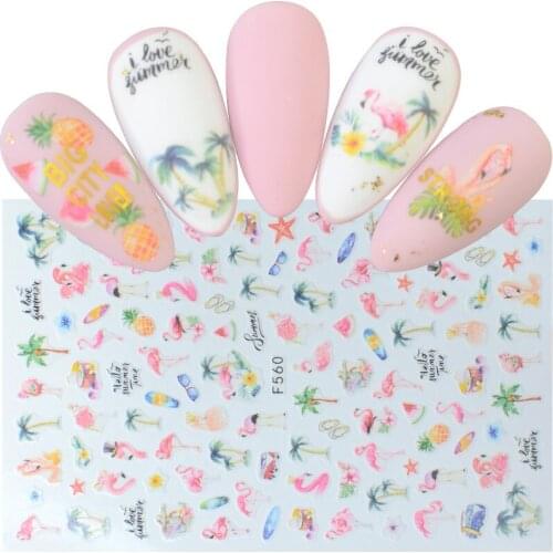 1PC DIY Nail Sticker Green Coconut Tree Flamingo Pineapple Design 3D Self Adhesive Embossed Decals Nail Art Foil Decoration