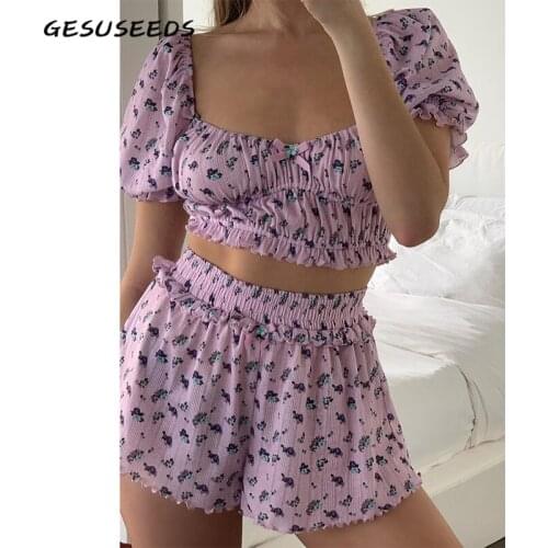 2021 Summer shorts women korean high waisted shorts knitted floral print ruffle shorts casual loose streetwear white purple