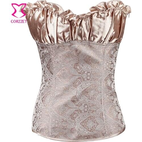 Apricot Ruffle Satin Floral Embroidery Women Corset Sexy Lingerie Vintage Gothic Clothing Plus Size Bustier Top Burlesque Costum