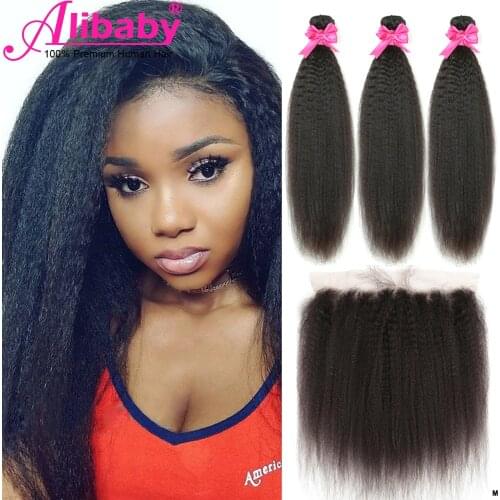 Alibaby Kinky Straight Hair With Lace Frontal Human Hair Bundles With Frontal Yaki Non-Remy 3 Bundles With Frontal NaturalColor
