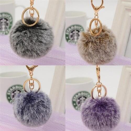 White tip fur pom pom ball keychain 1 ball 5 colors women bag key chains pompon porte clef pompom de fourrure 7cm