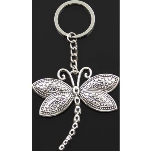Fashion Dragonfly 60x58mm Pendant 30mm Key Ring Metal Chain Silver Color Men Car Gift Souvenirs Keychain Dropshipping